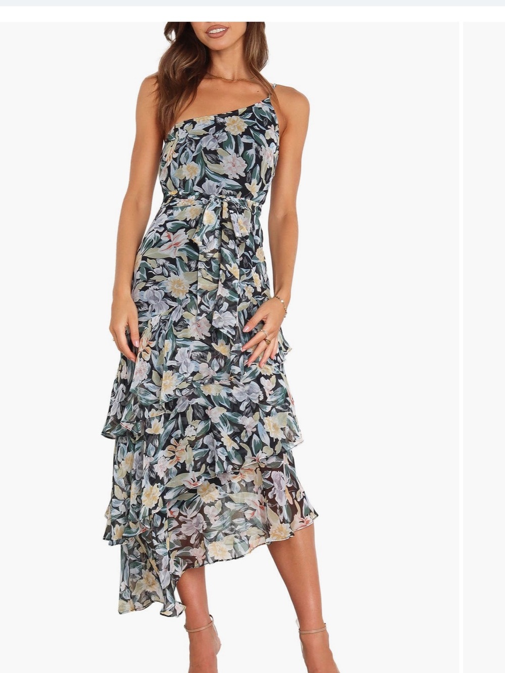 Petal & Pup Black Floral One-Shoulder Tiered Midi Dress
